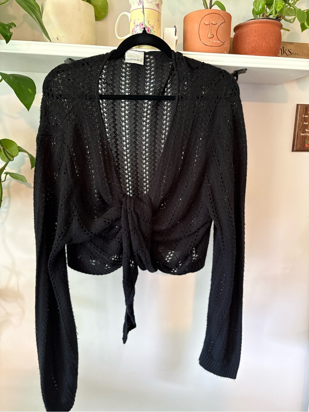 Fashion Bug Black Open-Knit Tie-Front Cardigan